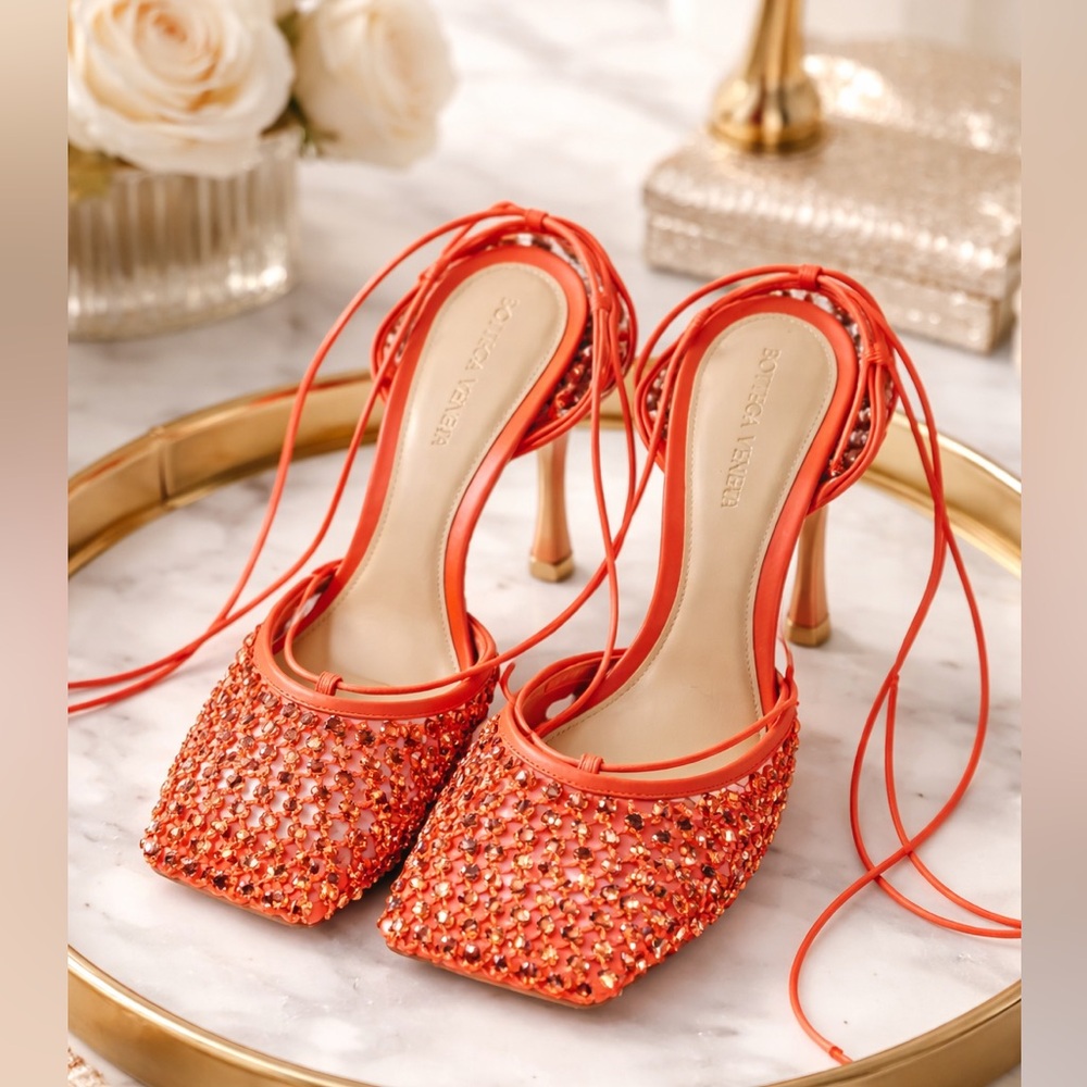 Bottega Veneta Crystal Embellished Mesh Heels – Orange –😍